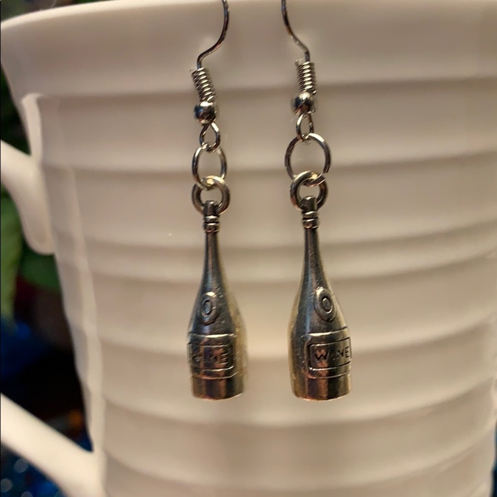 Wine Bottle 3D Dangling Earrings, Silver Tone